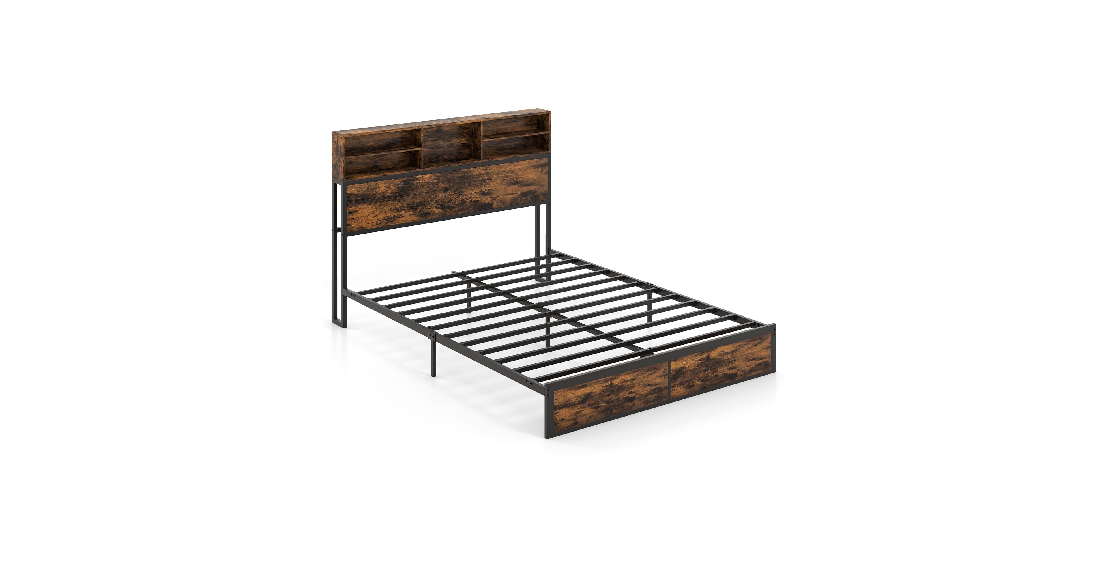 Mecale Twin Full Queen King Size Bed Frame with Storage Headboard Industrial Metal Platform Bed Queen Size