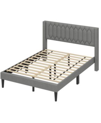 Queen Size Dutch Velvet Linen Fabric Upholstered Platform Bed with Wingback Headboard