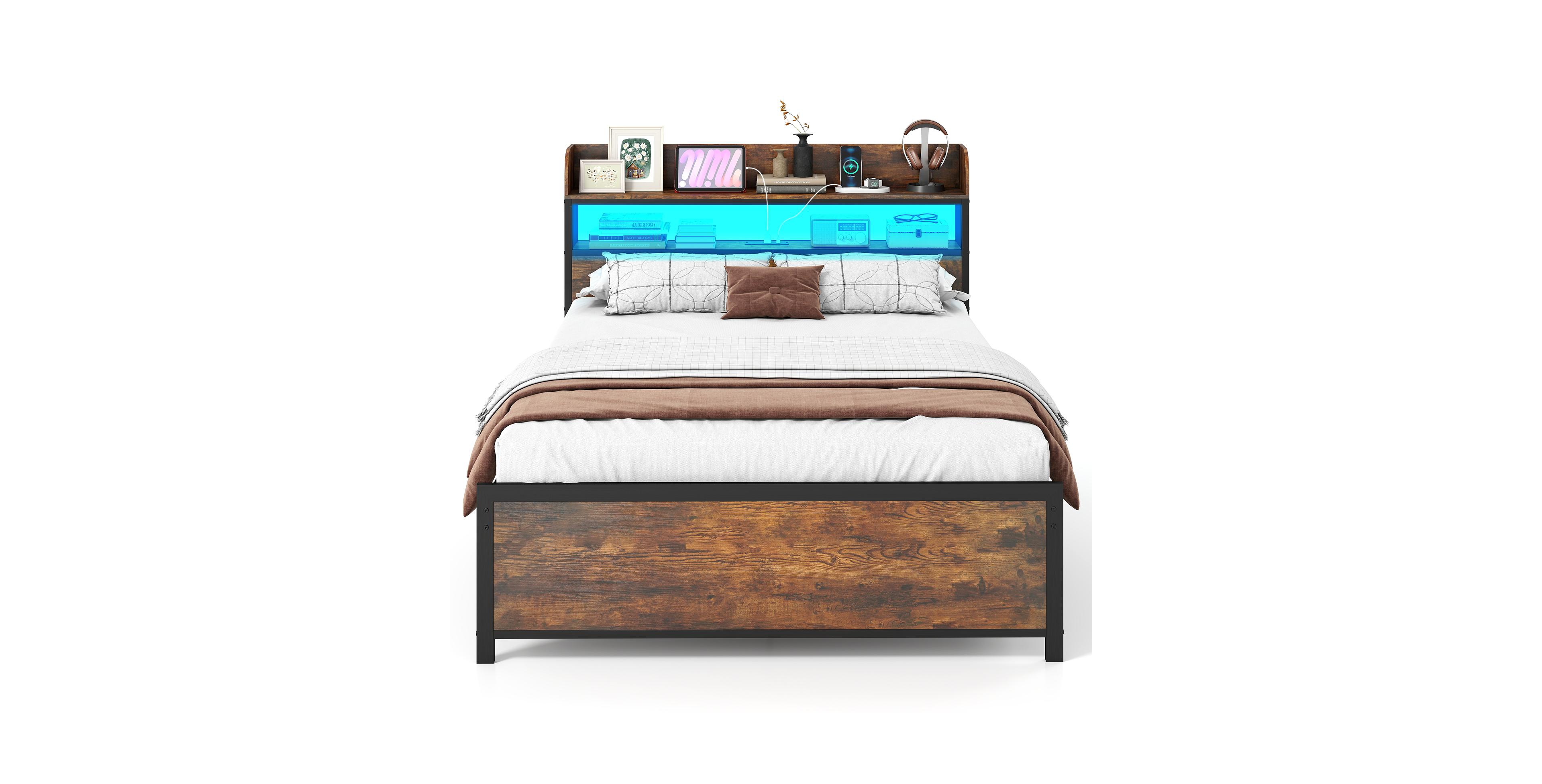 Mecale Led Bed Frame with Power Outlets and Storage Headboard Full Size