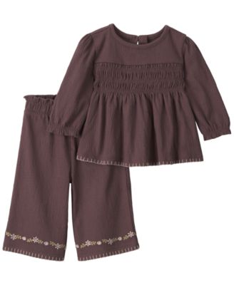 Baby Girls' Long-Sleeve Smocked Top and Wide-Leg Pant, 2-Piece Set