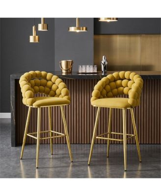 Bubble Bar Stools Set of 2, Velvet Upholstered Bar Chairs With Tufted Back, Gold Metal Legs, Counter-Height Seating for Kitchen Island