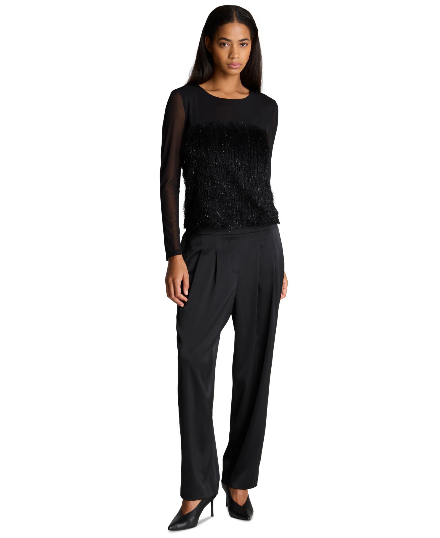 Women's Mesh and Lurex Fringe Long-Sleeve Pullover