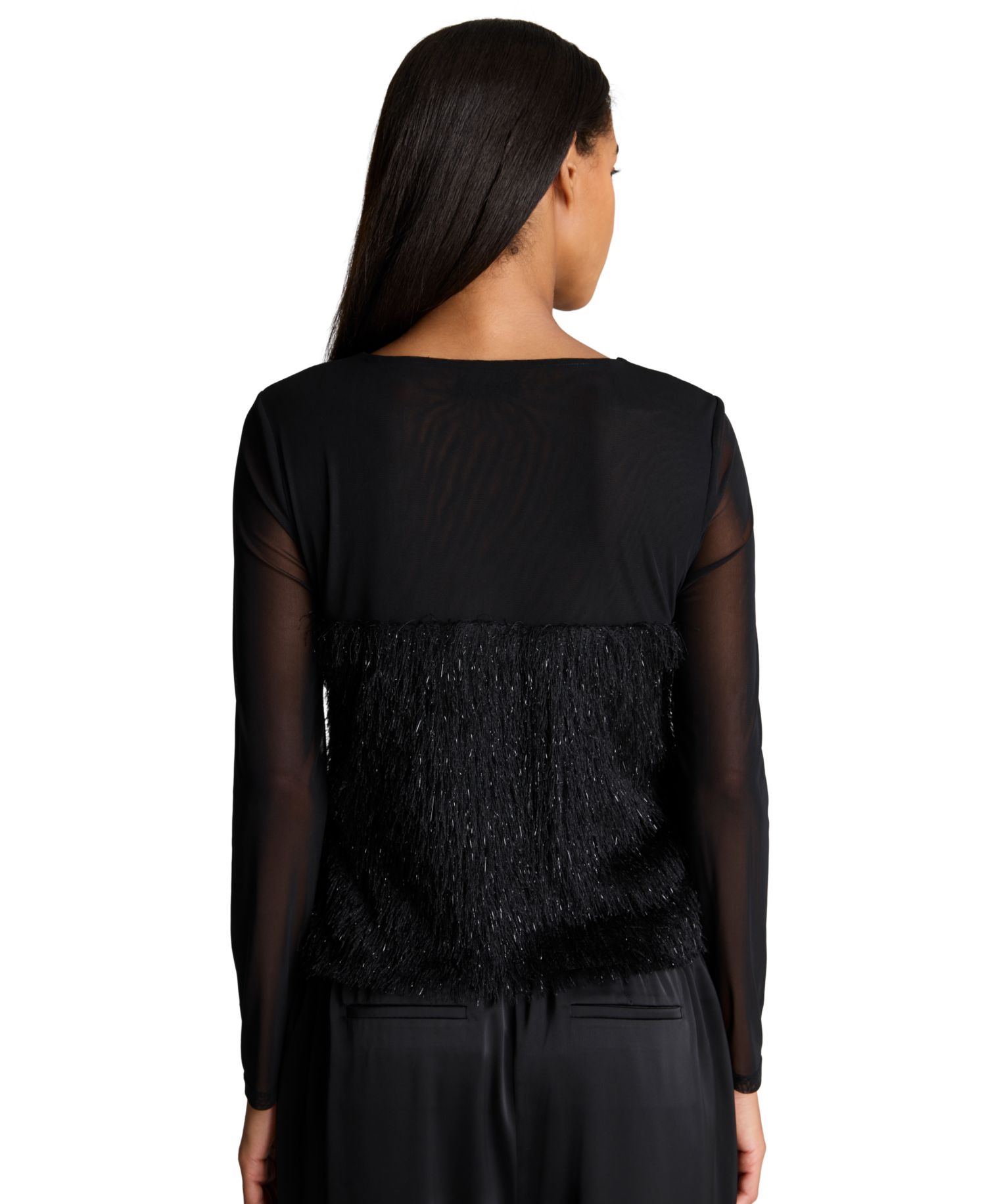 Women's Mesh and Lurex Fringe Long-Sleeve Pullover