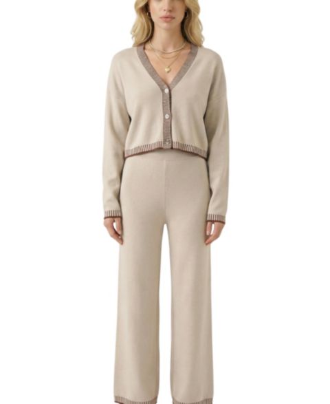 Женский комплект Modenaire Knit Contrast-Trim V-Neck Cropped Cardigan and Wide-Leg Pants, 2-Piece Set, цвет: Бежевый