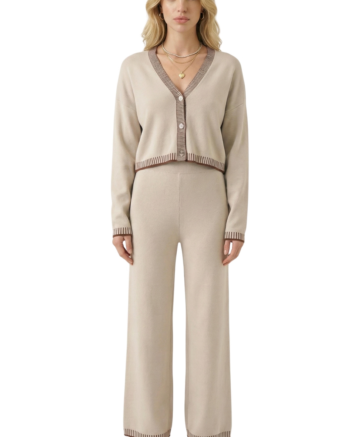 Modenaire Women's Knit Contrast-Trim V-Neck Cropped Cardigan and Wide-Leg Pants, 2-Piece Set