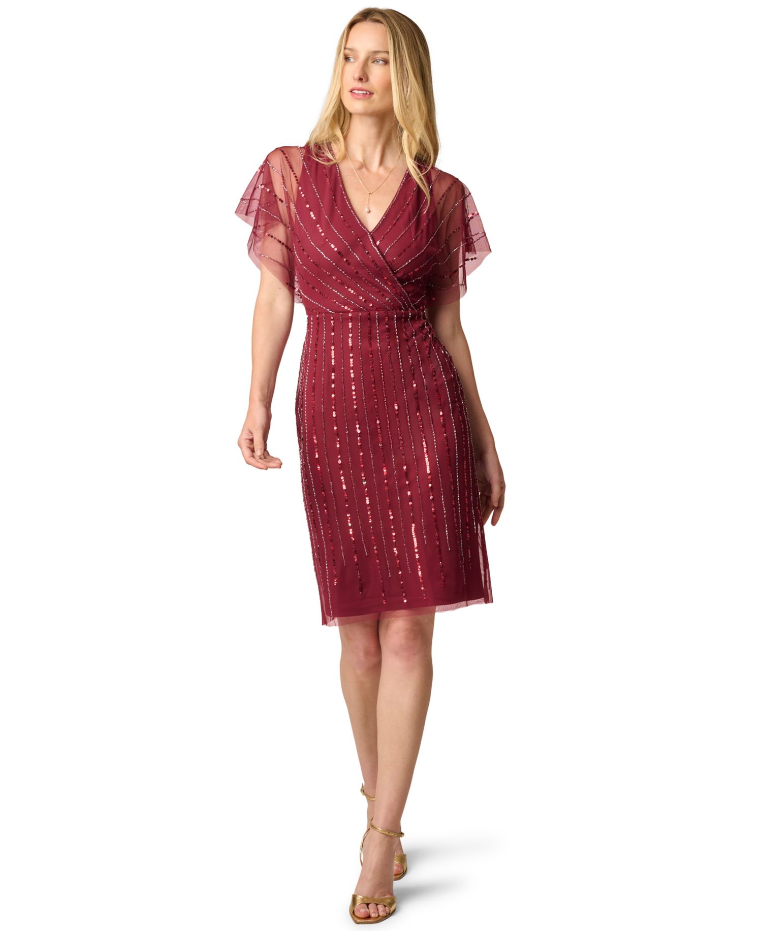 Women's Surplice Flutter-Sleeve Sequin Dress