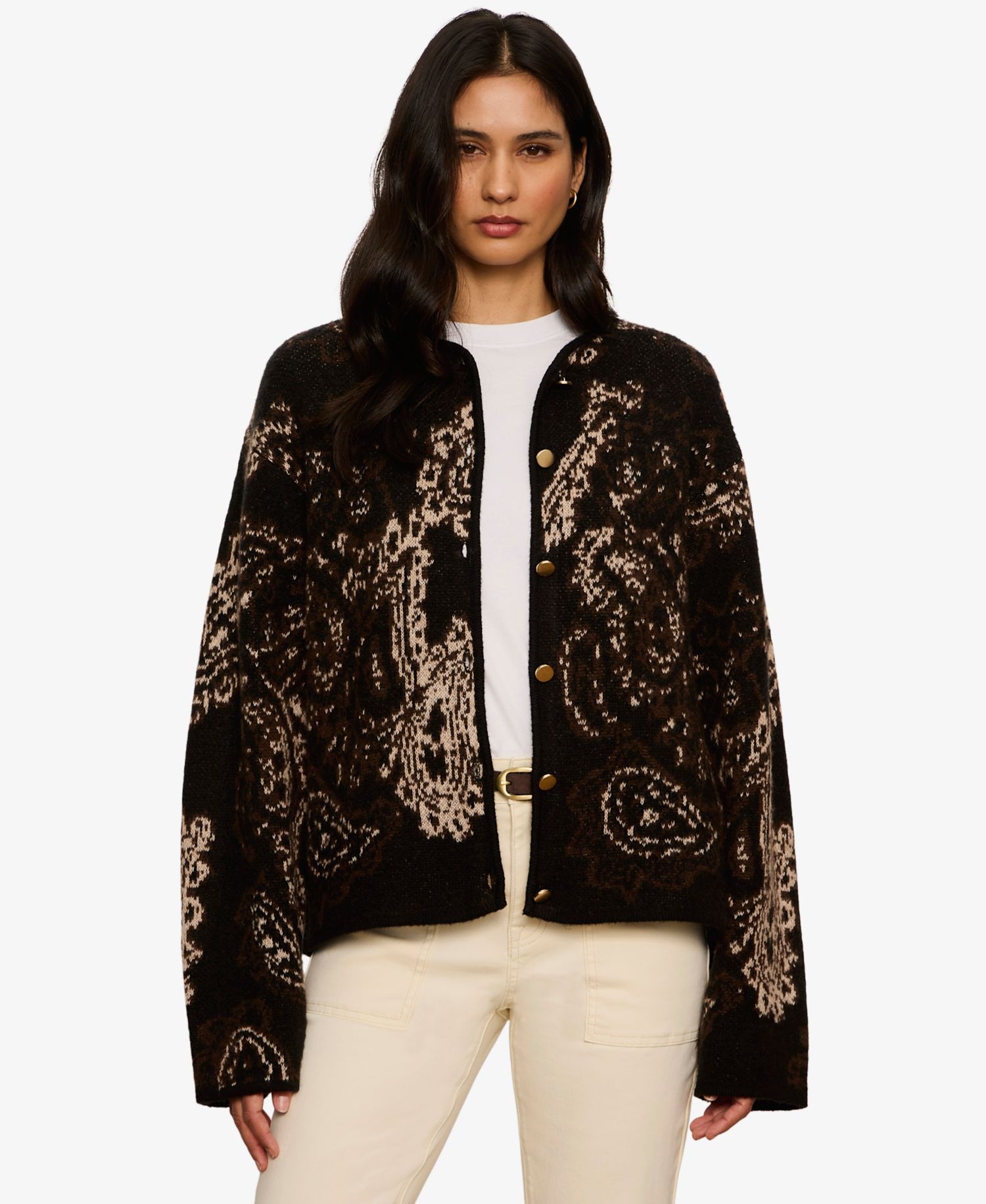 Women's Jacquard-Knit Semi-Cropped Collarless Jacket