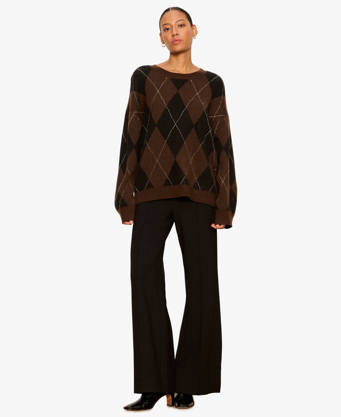 Женский свитер Sanctuary Argyle Crew Long-Sleeve Pullover, цвет: Тёмно-коричневый с ромбами — фото 6
