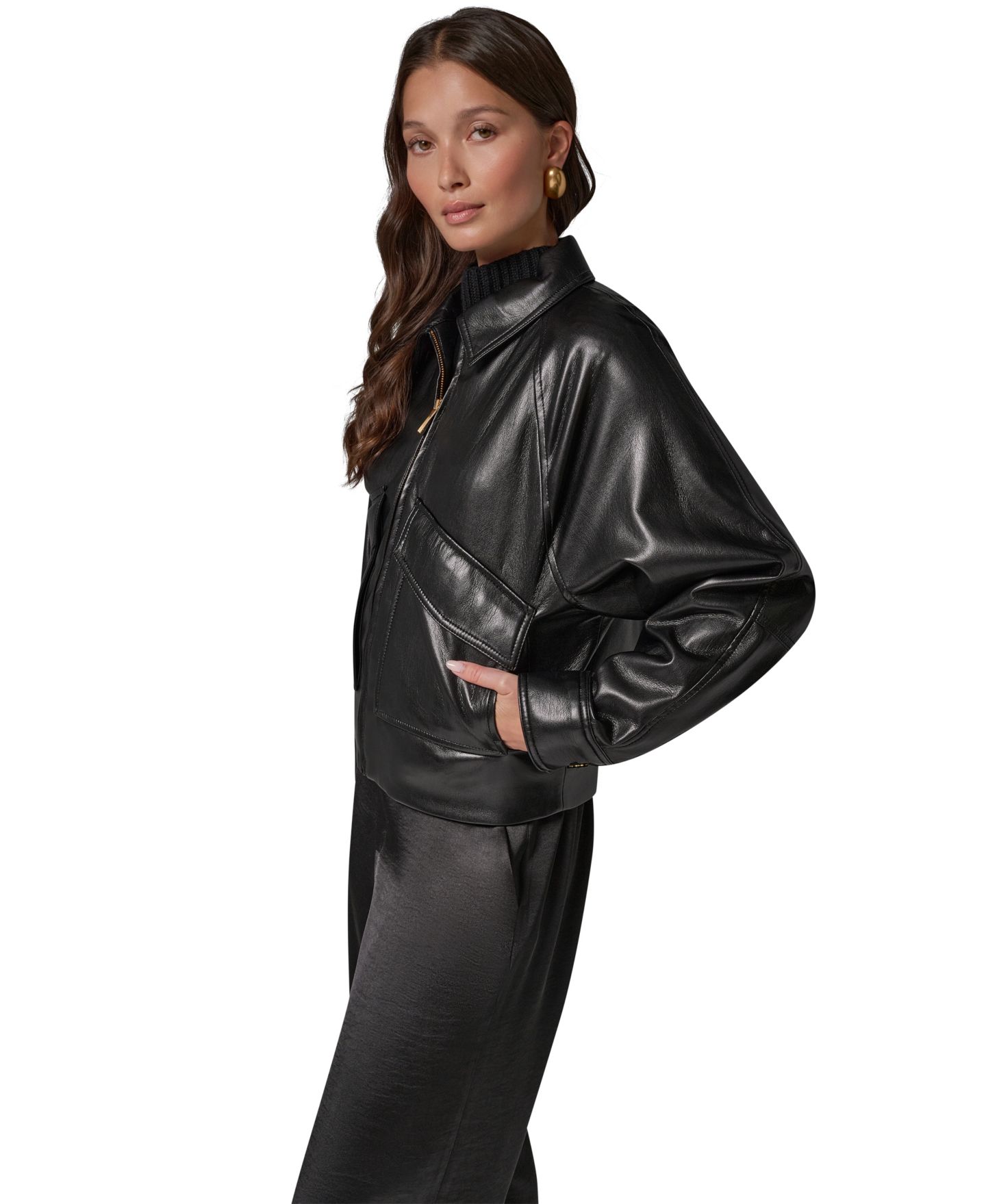 Женская короткая куртка Donna Karan New York из экокожи с воротником, для невысоких, цвет: Чёрный — фото 8