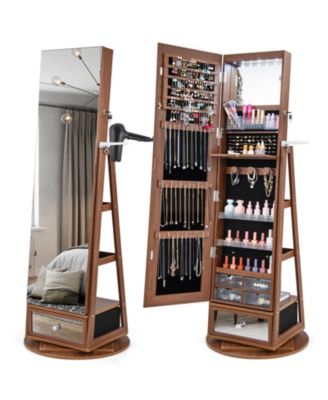 Lockable 360degree(s) Swivel Jewelry Cabinet with Full Length Mirror LED Lights