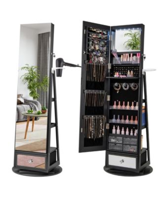 Lockable 360degree(s) Swivel Jewelry Cabinet with Full Length Mirror LED Lights