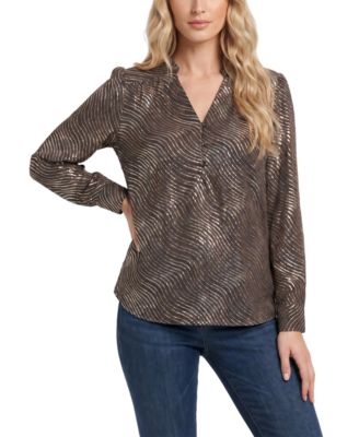 Women's Metallic-Print Ruched-Shoulder V-Neck Long-Sleeve Blouse