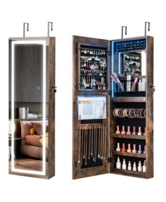 42.5 Inches Lockable Jewelry Mirror Wall Cabinet with 3 Color LED