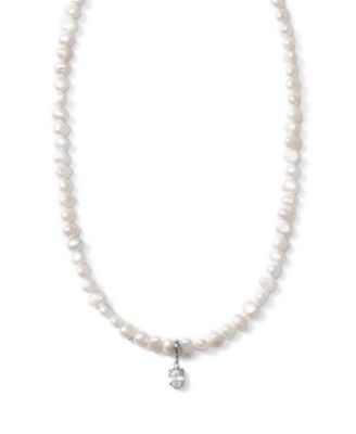 Baroque Freshwater Pearl Necklace with Cubic Zirconia Oval Charm, Silver-Tone, 18 in.