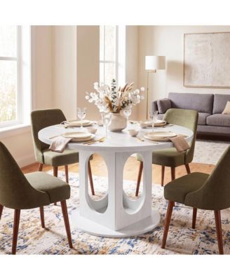 Extendable Dining Table for 4-8, Space Saving Wooden Round to Oval Kitchen Table with Modern Pedestal Base for Apartment Dining Room