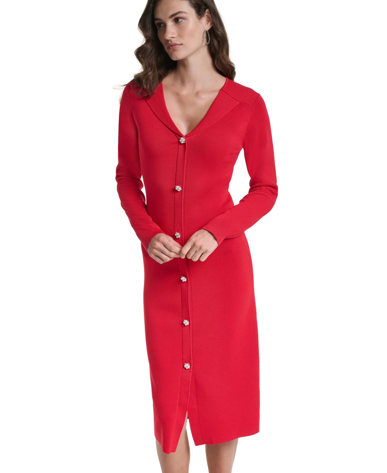 Women's V-Neck Long-Sleeve Colorblock Midi Sweater Dress