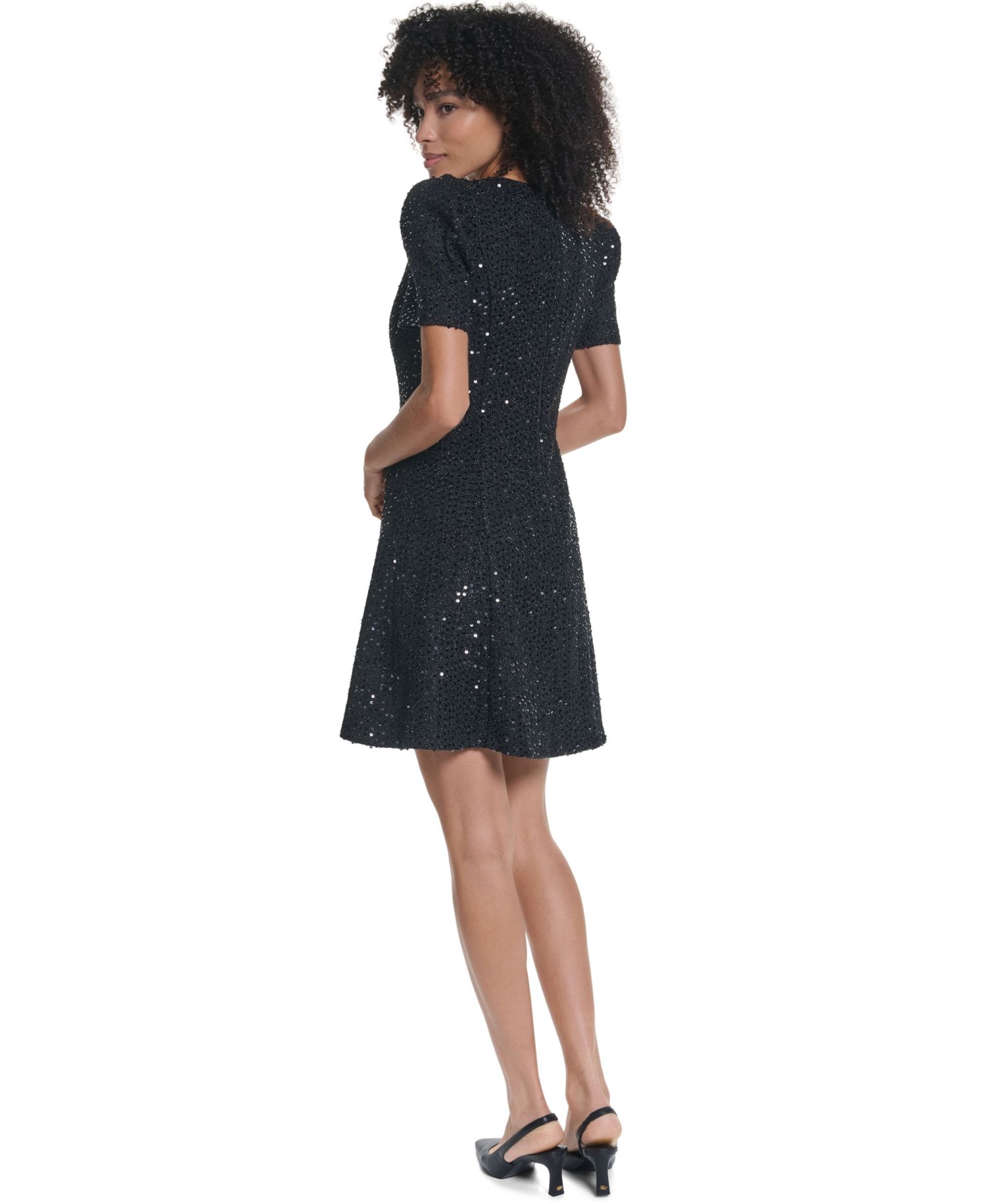 Women's Sequin Tweed A-Line With Bow Detail Dress