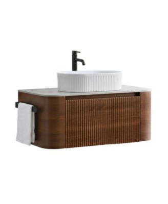 36 Inch Floating Bathroom Vanity, MDF Cabinet, Sintered Stone Top with Ceramic Vessel Sink, U-Shaped Drawer, Pre-Assembled