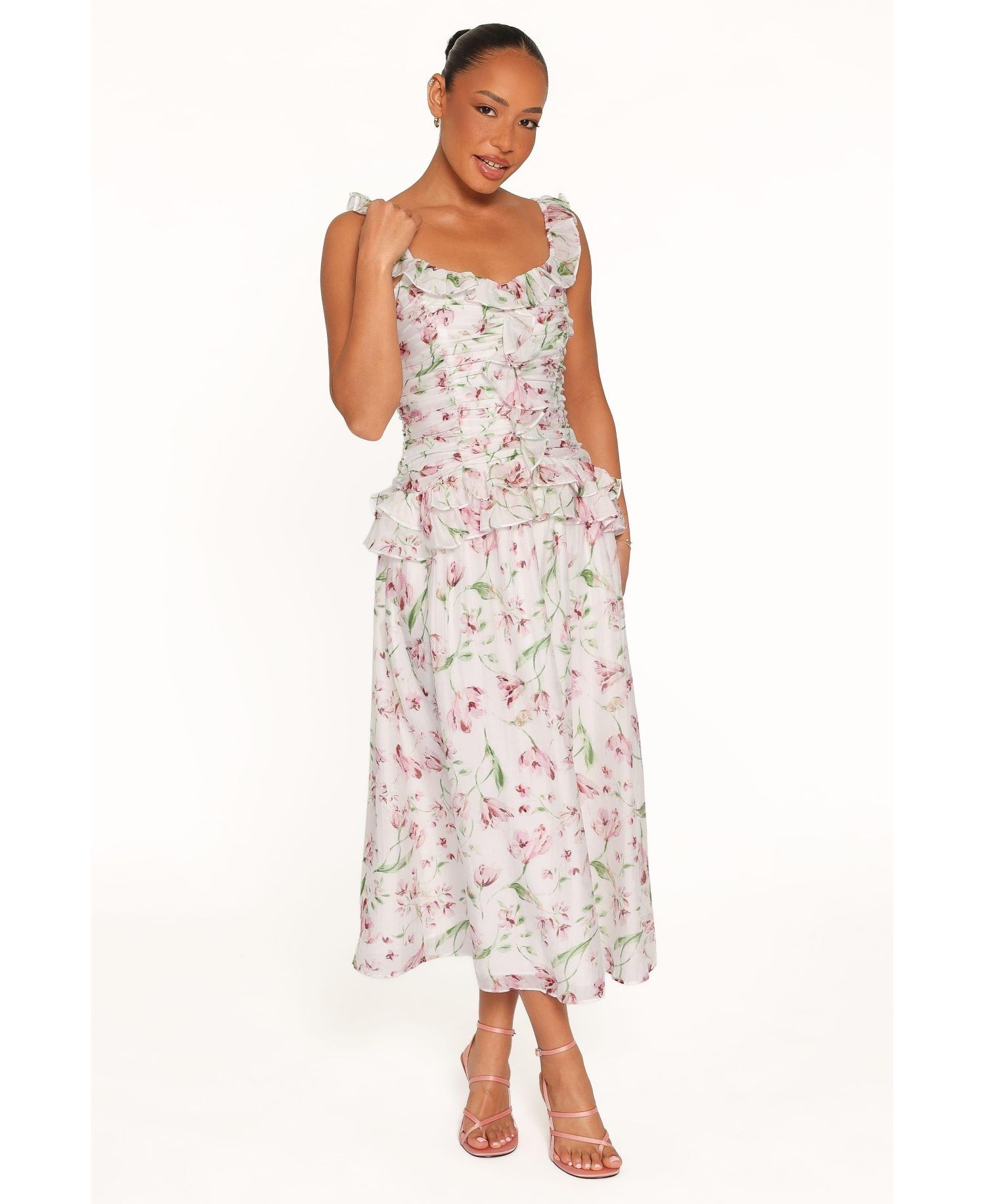 Women's Garcia Square-Neckline Floral Peplum-Waist Midi Dress