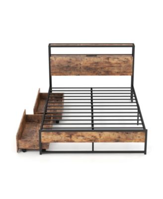 Full Queen Bed Frame with 2 Tier Storage Headboard and Charging Station Full Size