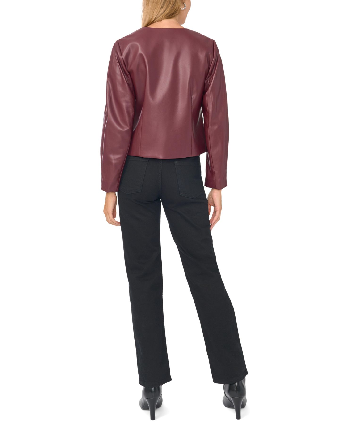 Women's Cropped Balloon-Sleeve Crewneck Faux Leather Jacket