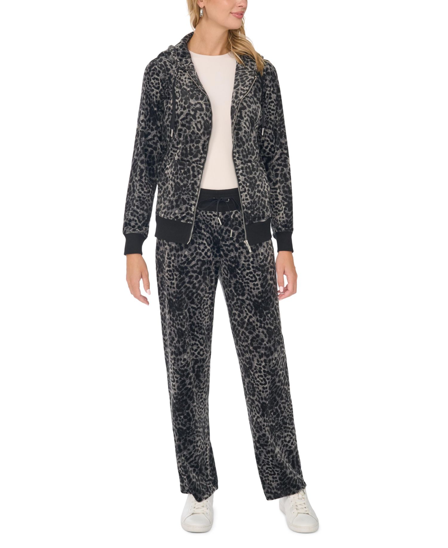 Women's Velour Animal-Print Drawstring-Waist Straight-Leg Pants