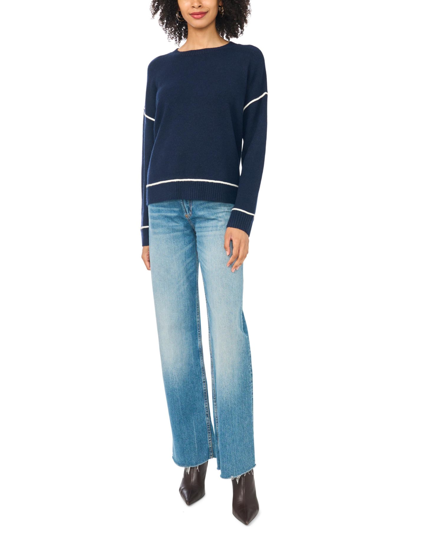 Women's Long Sleeve Crewneck with Contrast Stitching Sweater