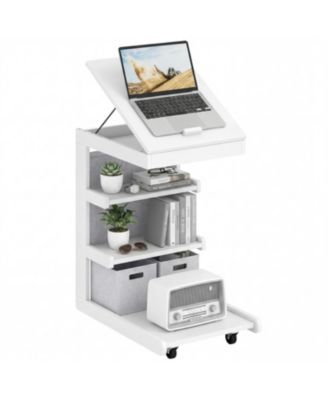 C Shaped End Table with Wheels and Adjustable Desktop for Sofa Couch Bedside