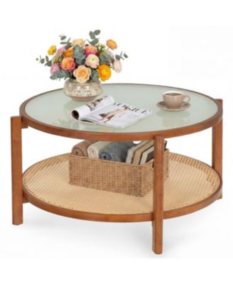 2 Tier Rattan Coffee Table with Frosted Tempered Glass Top and Wood Legs