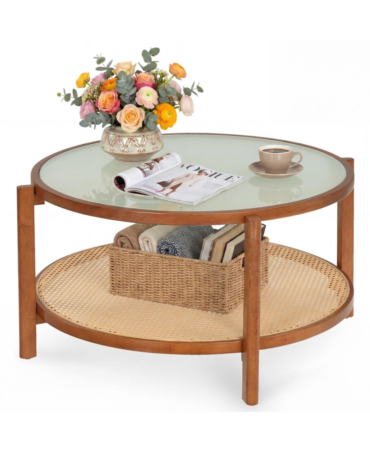 Mecale 2 Tier Rattan Coffee Table with Frosted Tempered Glass Top and Wood Legs