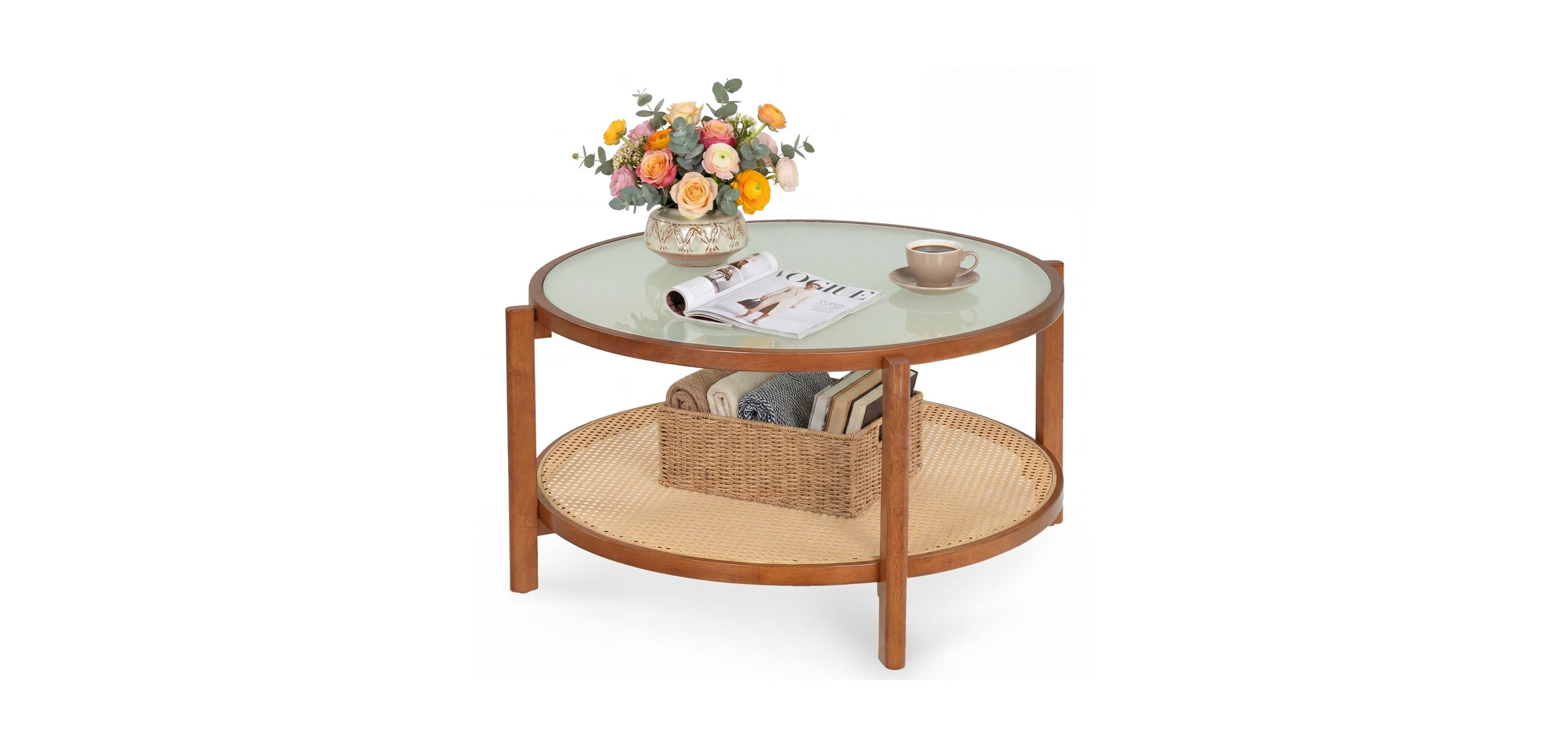 Mecale 2 Tier Rattan Coffee Table with Frosted Tempered Glass Top and Wood Legs
