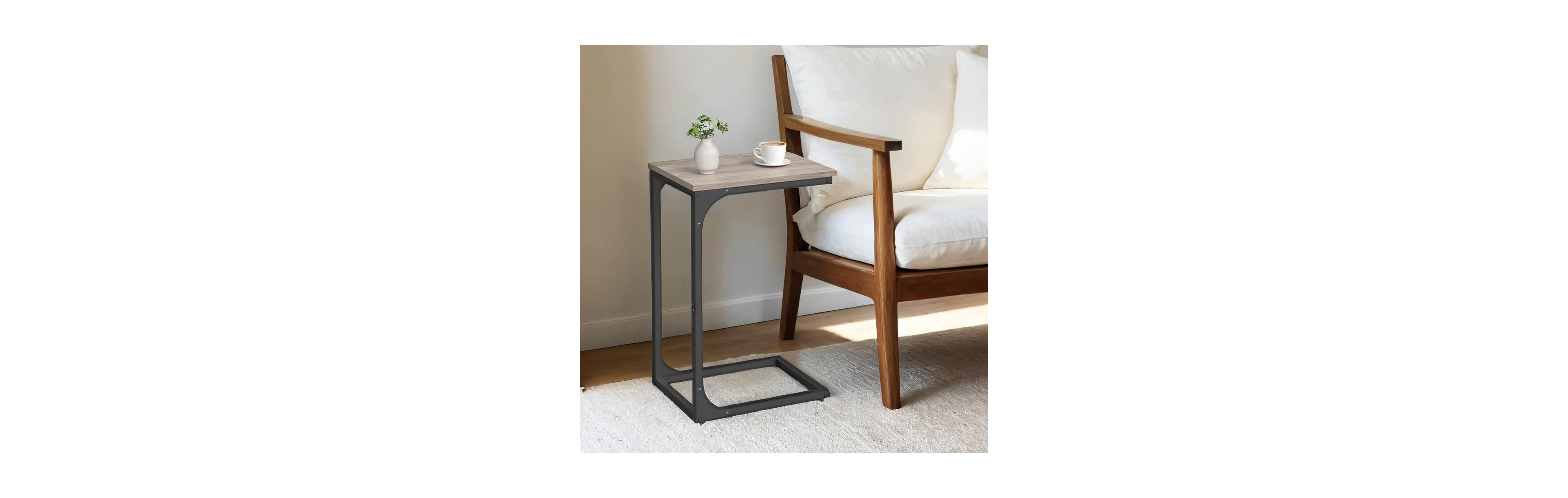 SongmicsHome Set of 1 C-Shaped Sofa Tables, End Tables with Metal Frame, Side Tables for Living Room, Bedroom, Beige and Black