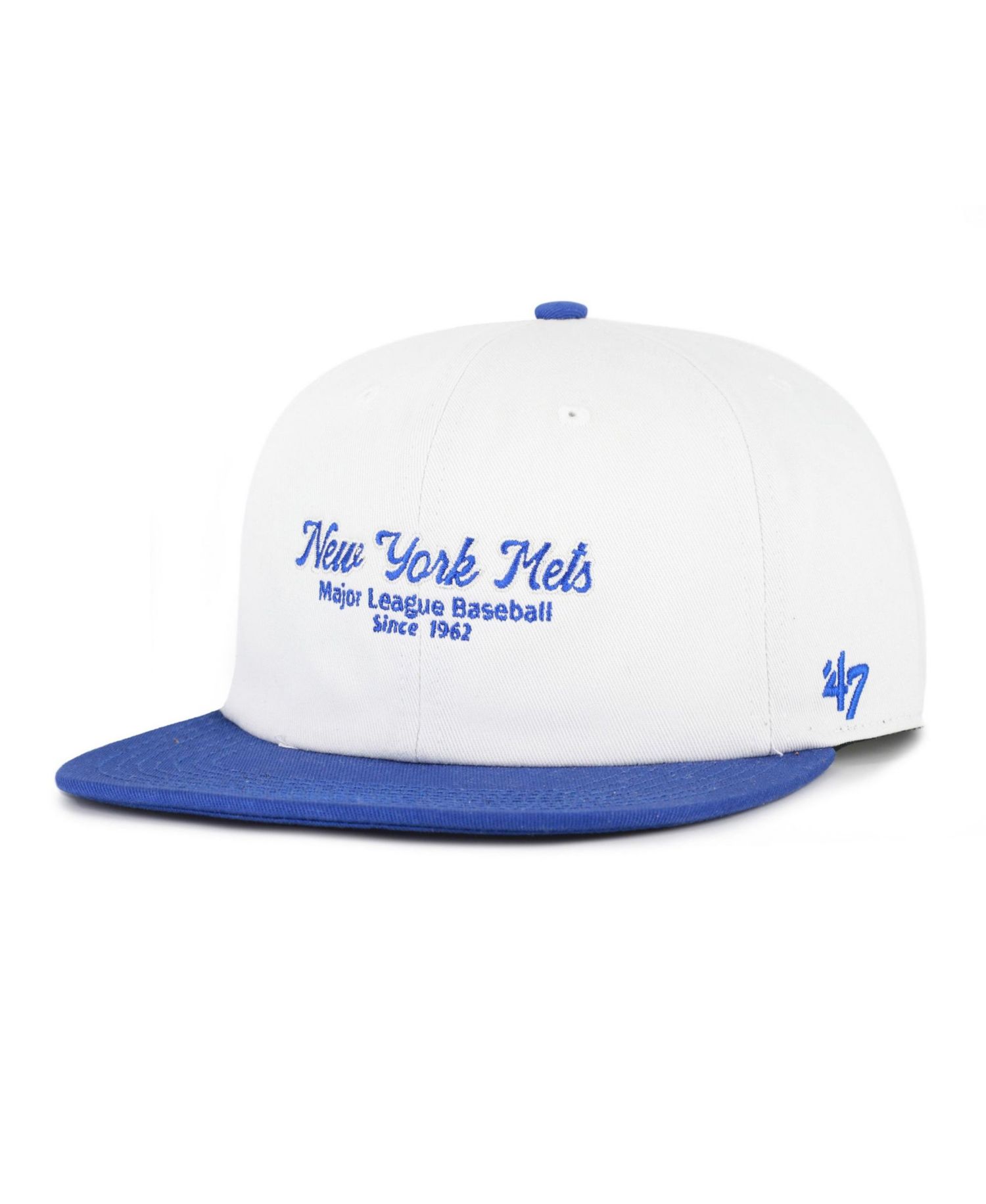 Men's '47 White/Royal New York Mets Script Stack Relaxed Captain Snapback