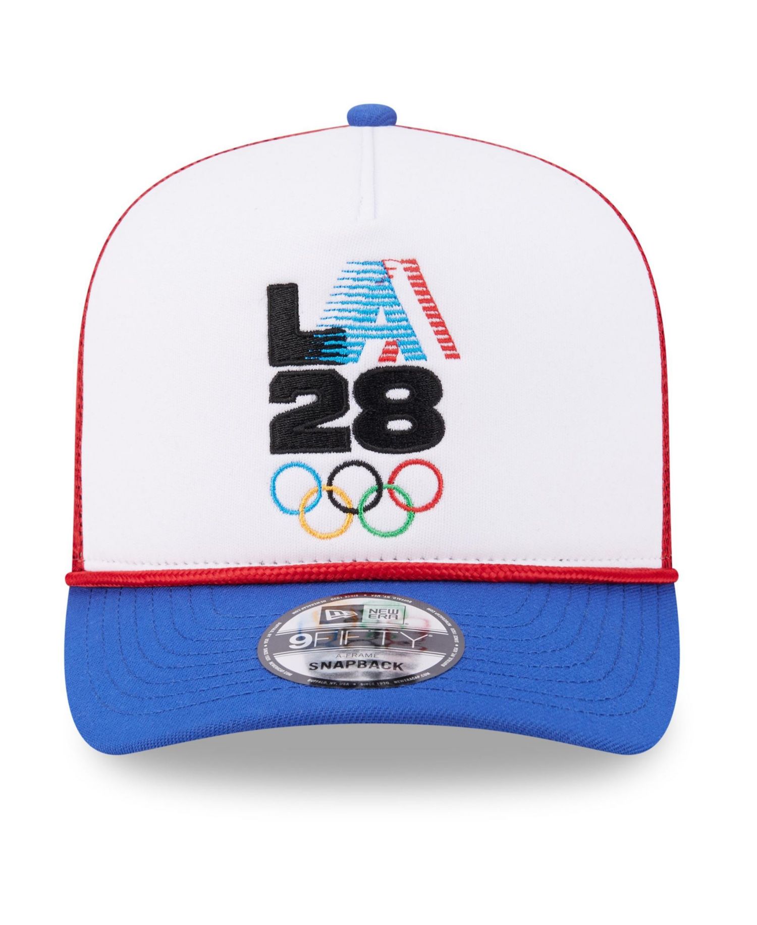 Men's White/Red LA28 Summer Olympics Retro Stripe Rope A-Frame 9FIFTY Trucker Snapback Hat