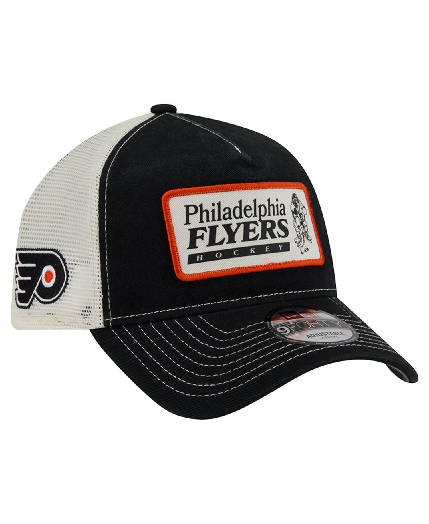 Men's Black/White Philadelphia Flyers Skater Patch A-Frame 9FORTY Adjustable Trucker Hat