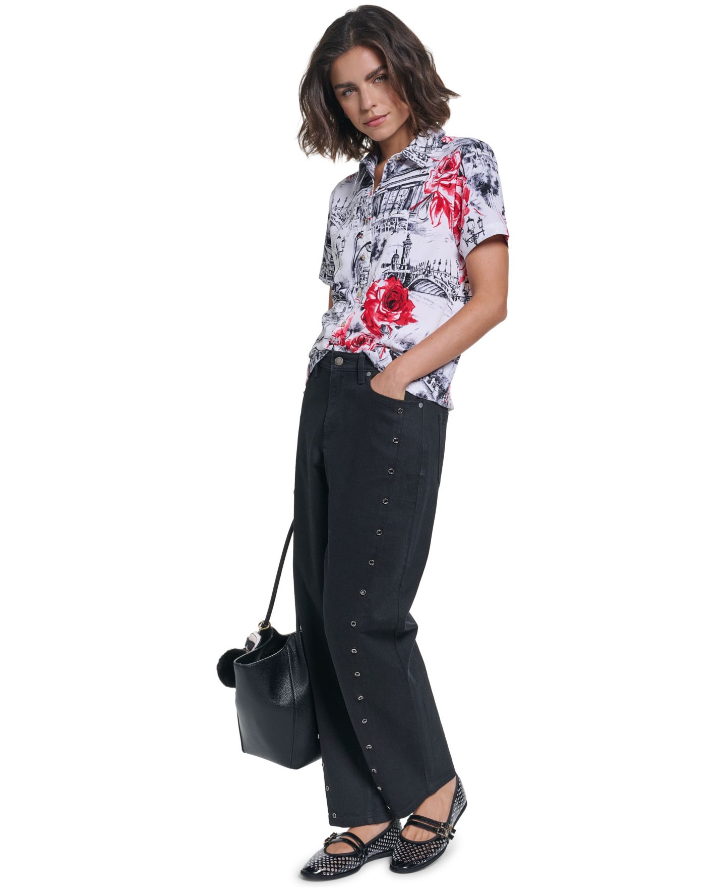 Женская блузка KARL LAGERFELD PARIS Allover-Print Short-Sleeve Button-Down, цвет: Белый / Красный разноцветный — фото 7
