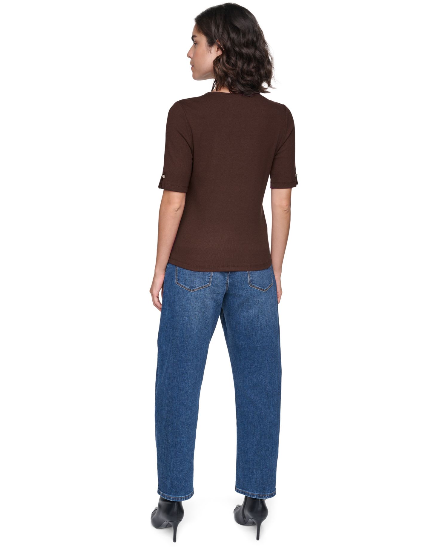 Petite Short-Sleeve Crewneck Ribbed-Knit Cotton-Blend Sweater