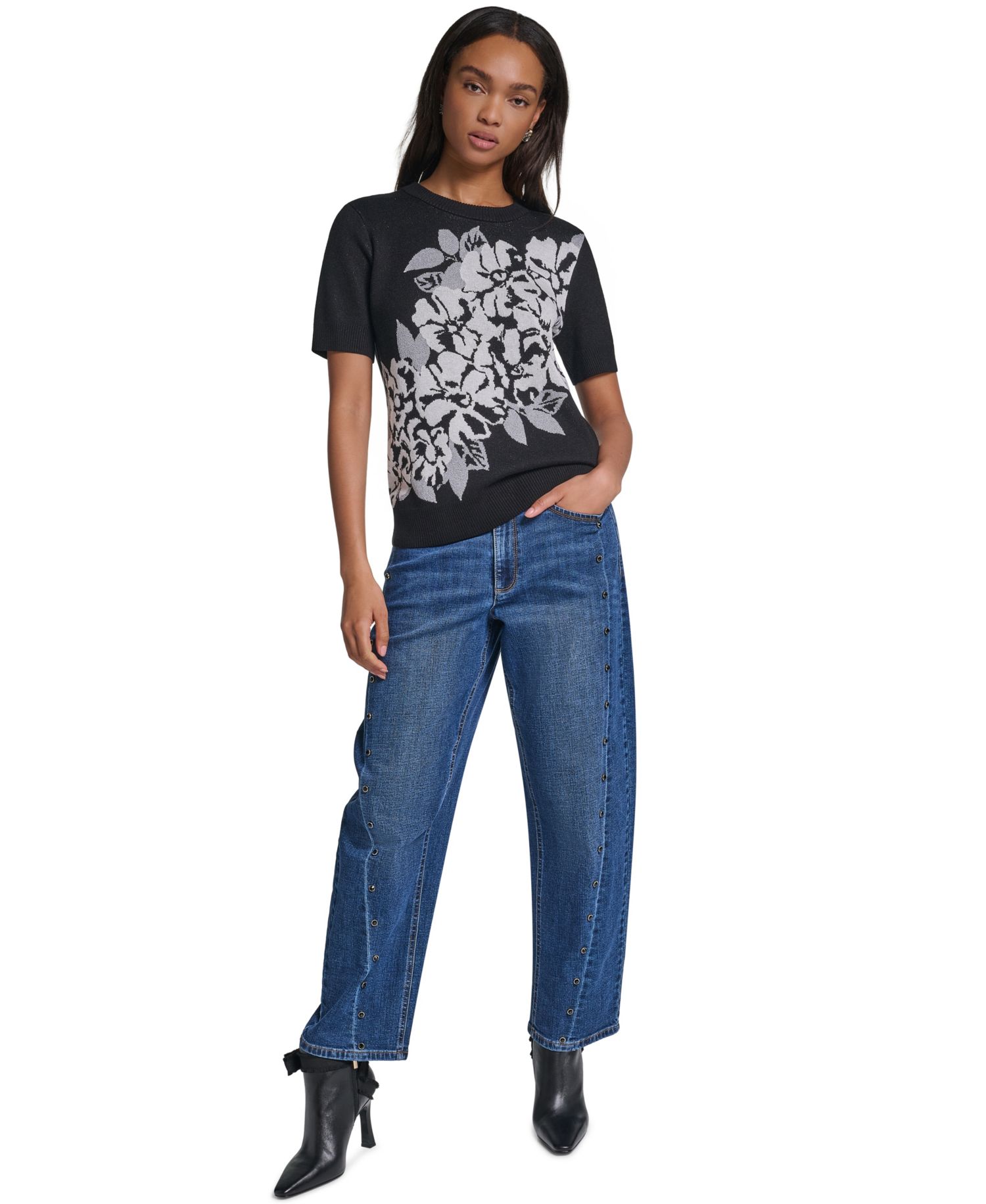 Women's Rose Crewneck Short-Sleeve Floral-Print Sweater
