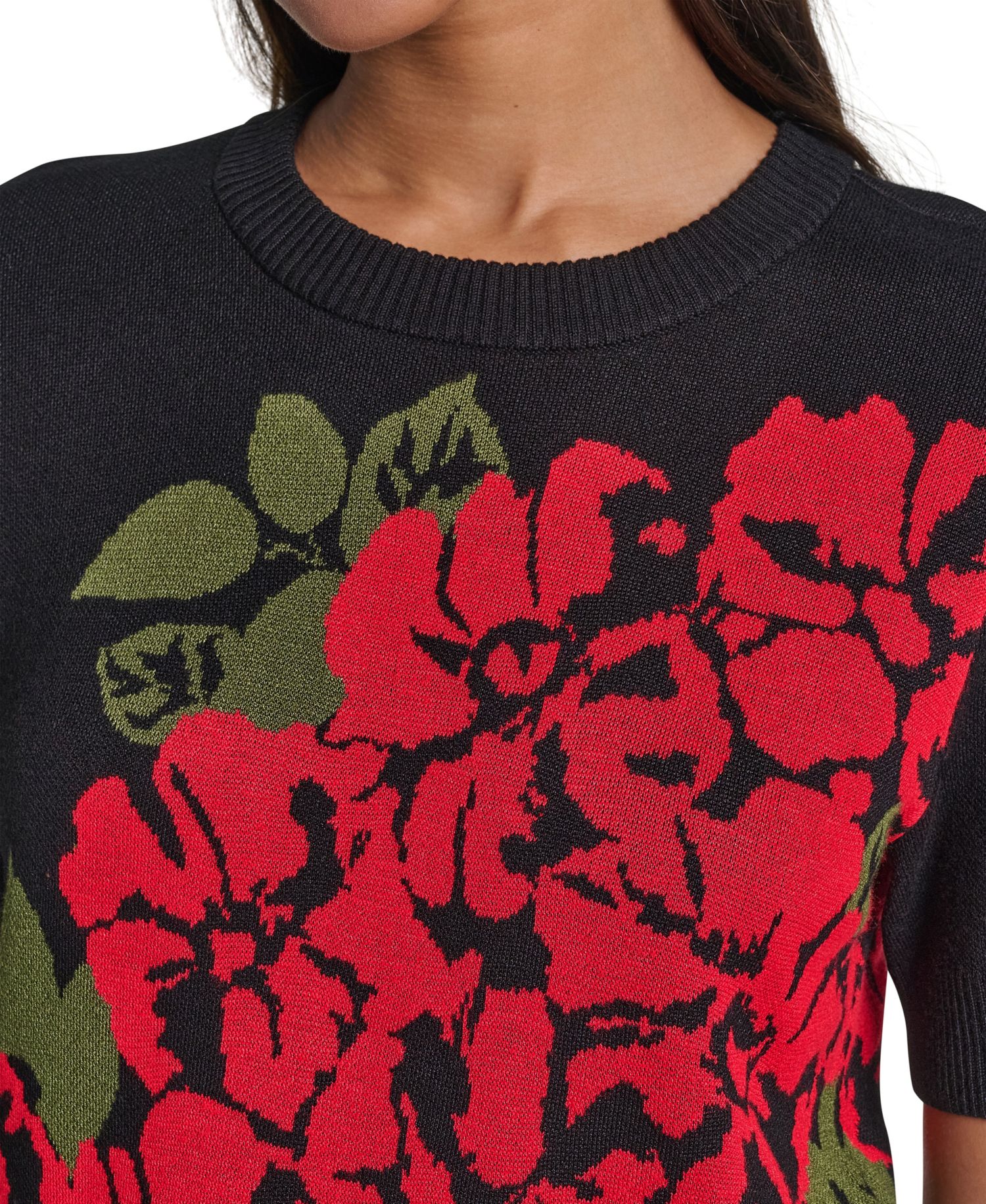 Women's Short-Sleeve Crewneck Rose-Print Pullover Sweater