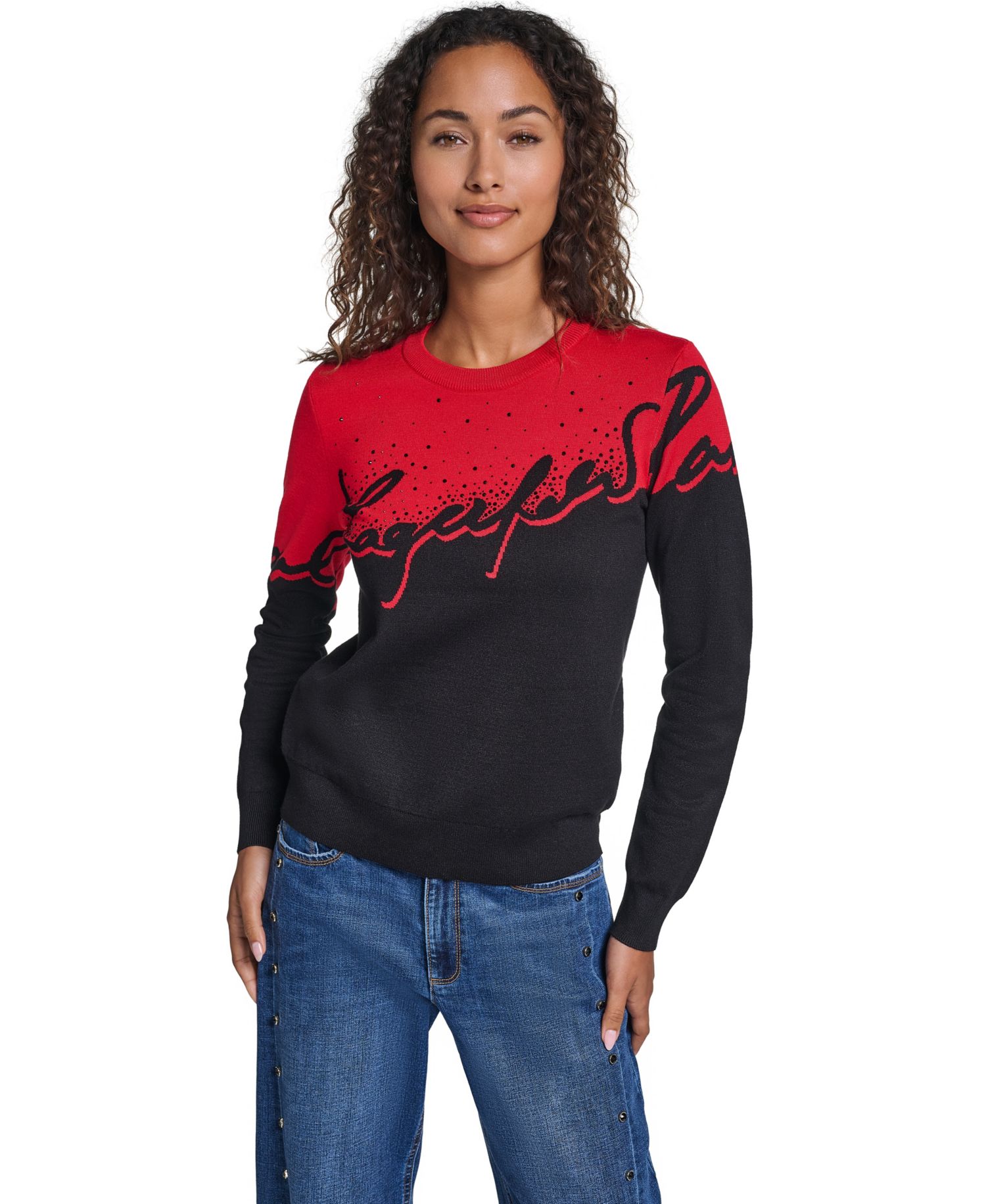 Women's Rhinestone-Logo Long-Sleeve Colorblock Sweater