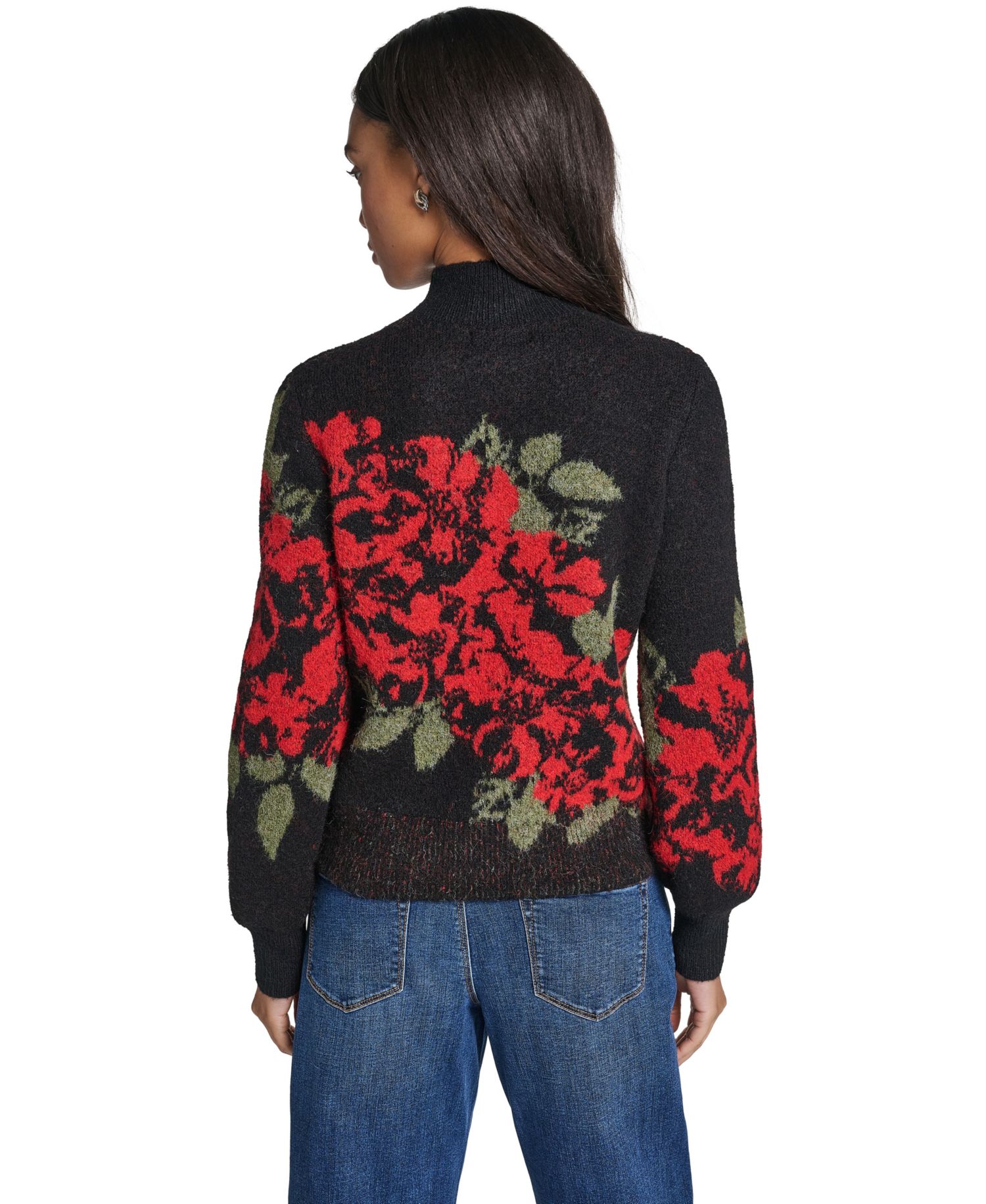Women's Rose Floral-Print Mock Neck Pullover Sweater