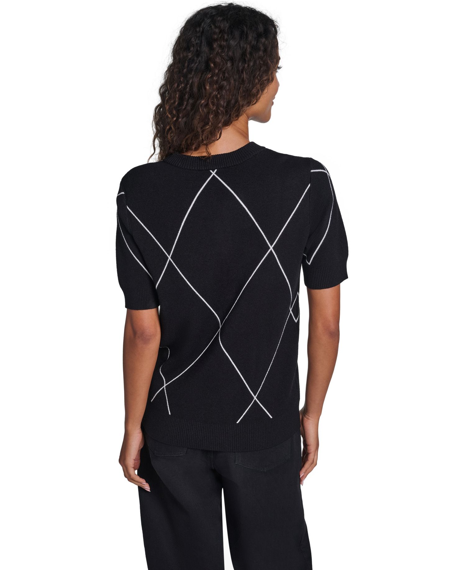 Women's Argyle 3D Bow Short-Sleeve Crewneck Sweater