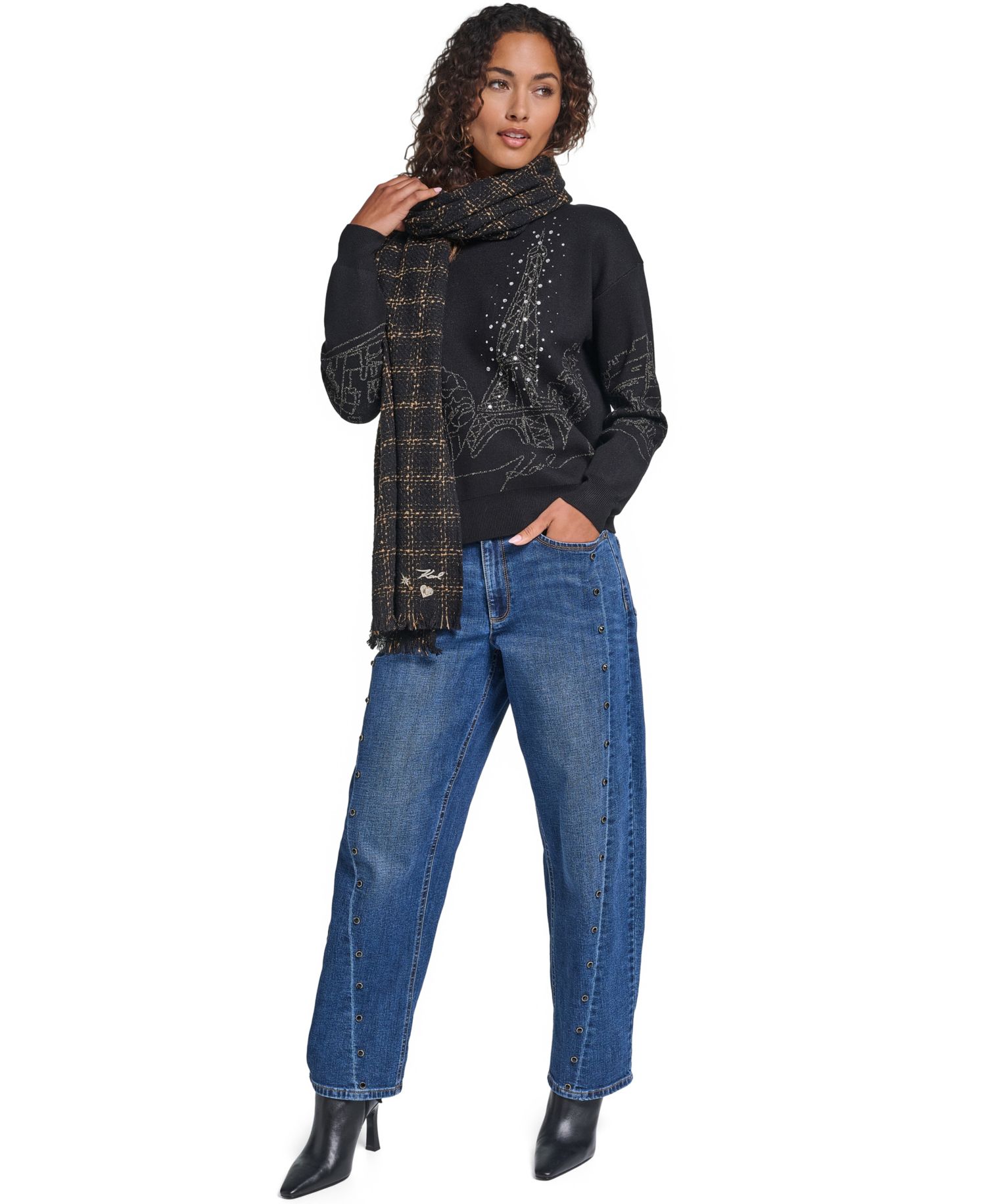 Women's Paris Scene Embellished Fitted Crewneck Sweater