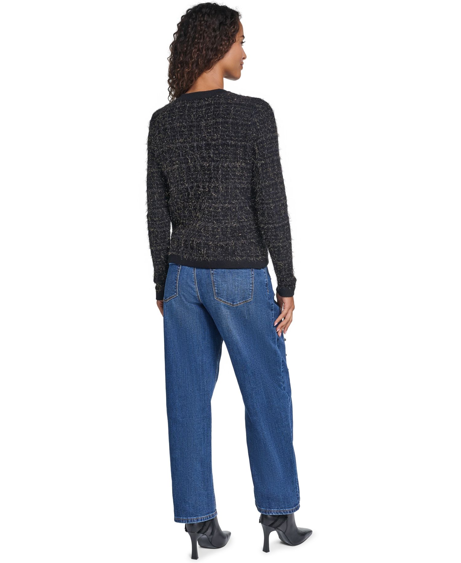 Women's Eyelash-Knit Metallic Crewneck Long-Sleeve Cardigan Sweater