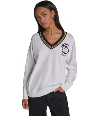 Women's Karl Patches Long-Sleeve Graphic-Patch V-Neck Sweater