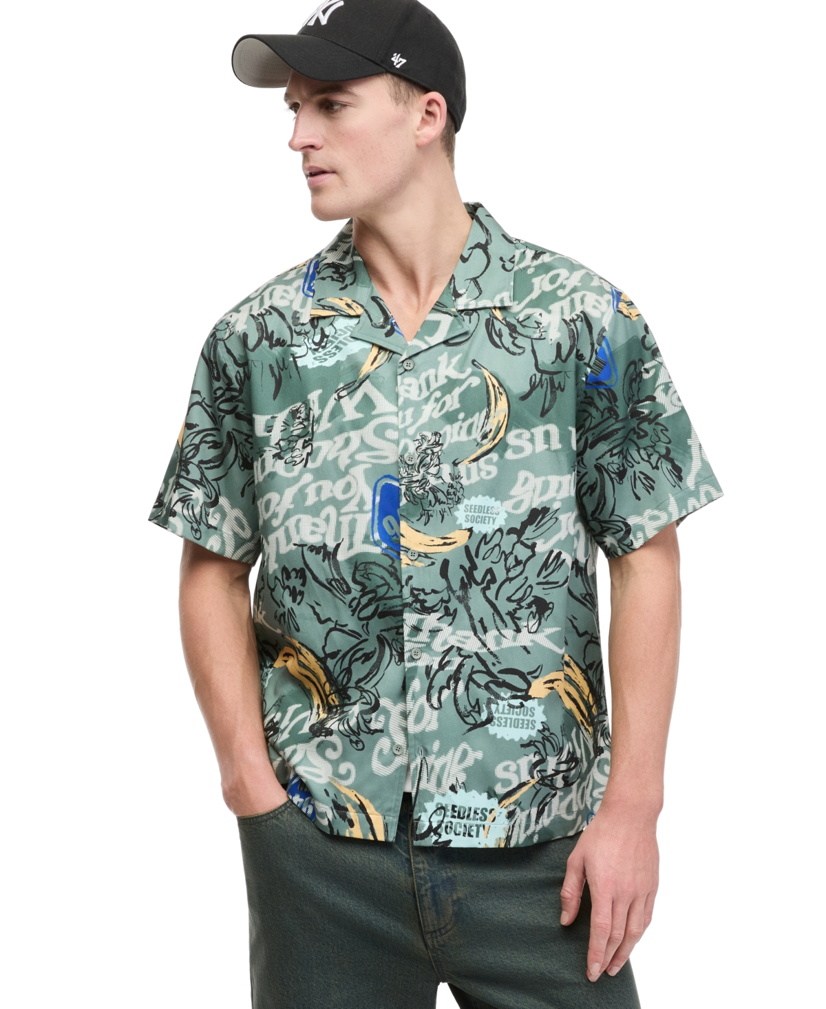 Mode of One Men's Short-Sleeve Graphic-Print Collage Relaxed-Fit Shirt, Macy's Exclusive