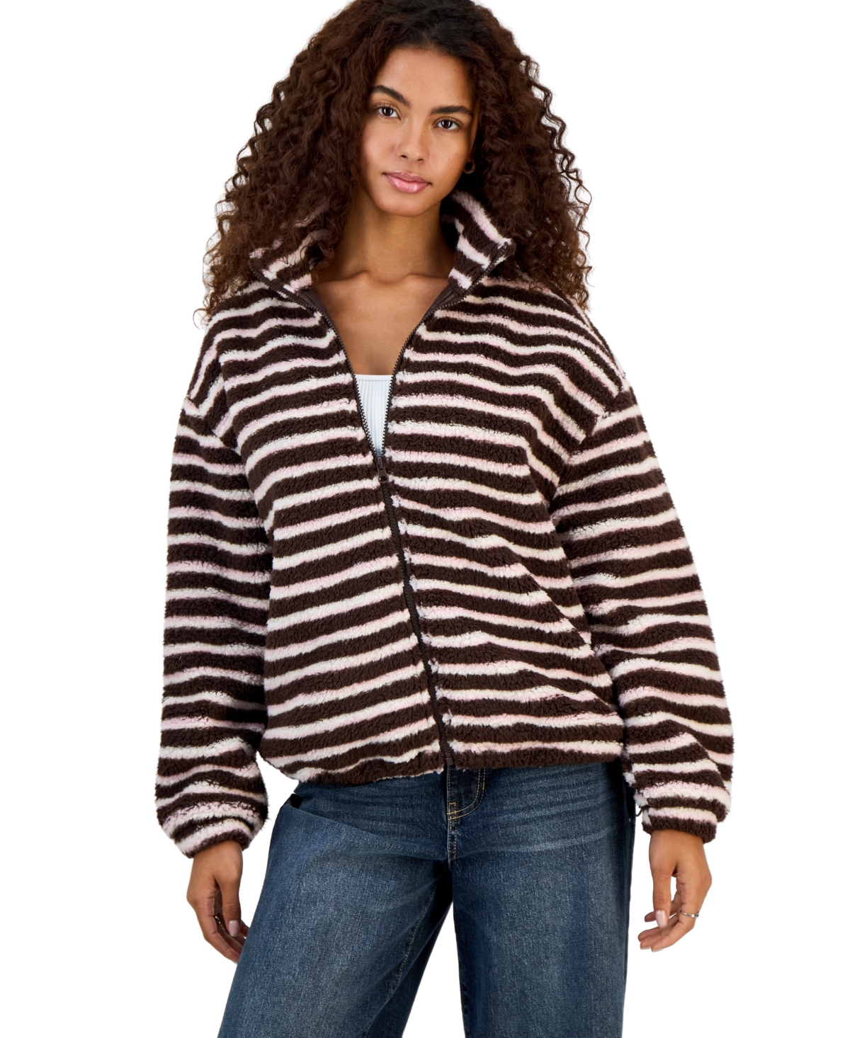 Madden Girl Juniors' Striped Sherpa Full-zip Jacket In Shaved Chocolate Combo