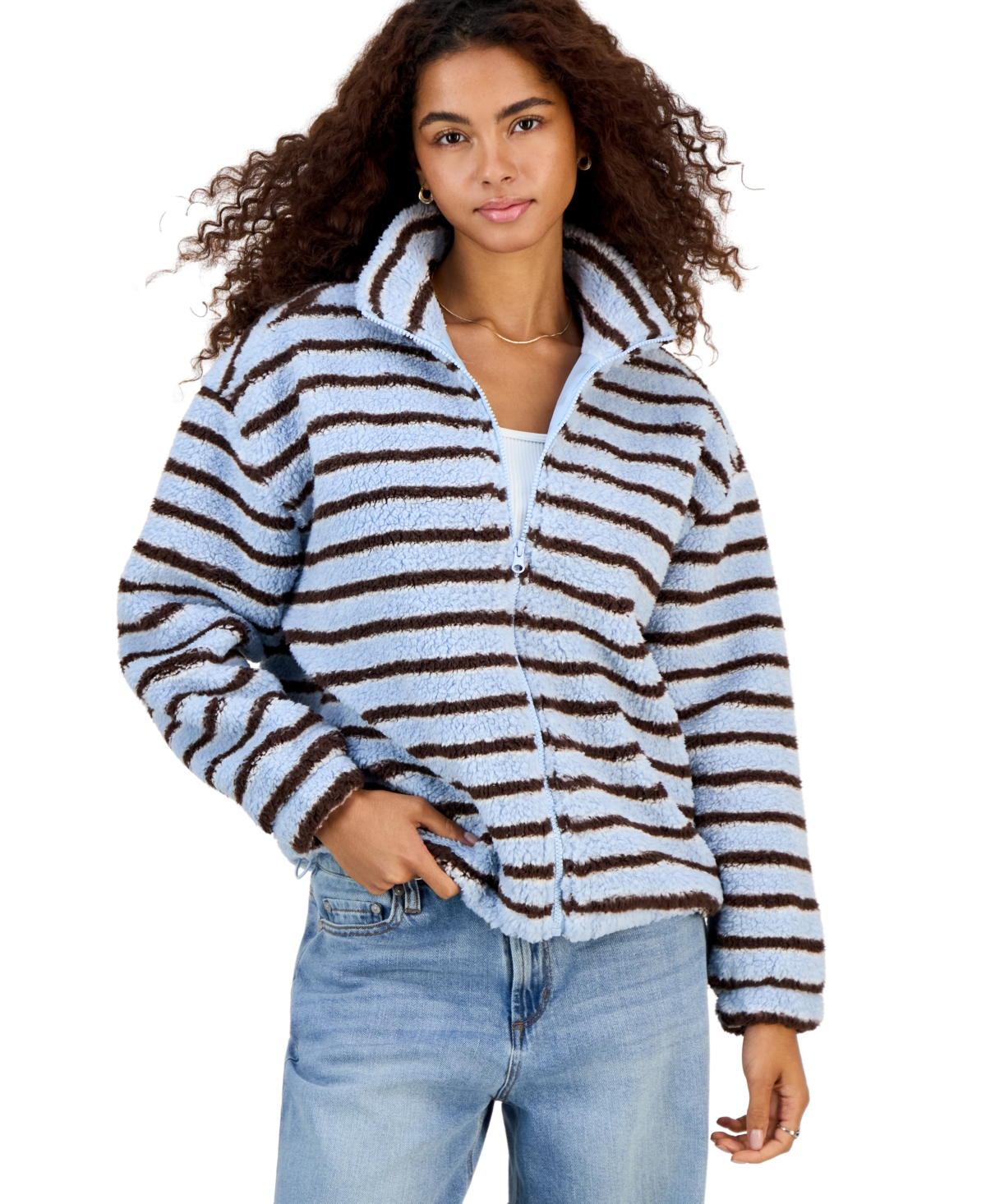 Madden Girl Juniors' Striped Sherpa Full-zip Jacket In Baby Blue Combo