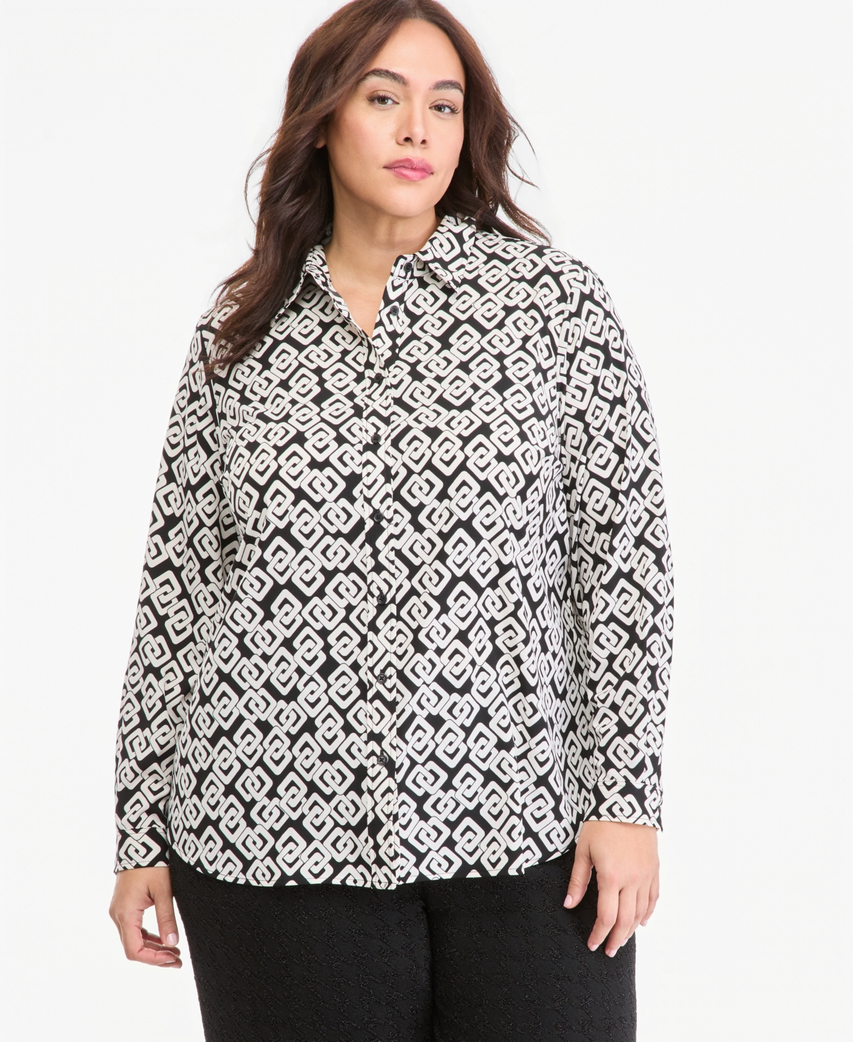 Anne Klein Essentials Plus Size Houndstooth Long-Sleeve Blouse - Anne Blk/white Dove