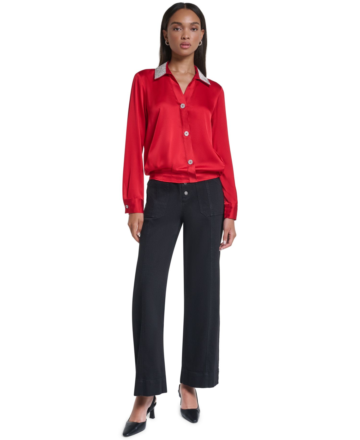 Women's Crystal Collar Satin Blouse